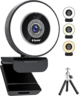 Spedal 4k Webcam with Adjustable Ring Light and Tripod, Autofocus Streaming Web Camera with Privacy Cover, HD Webcam for PC Mac Zoom Skype Facetime Twitch