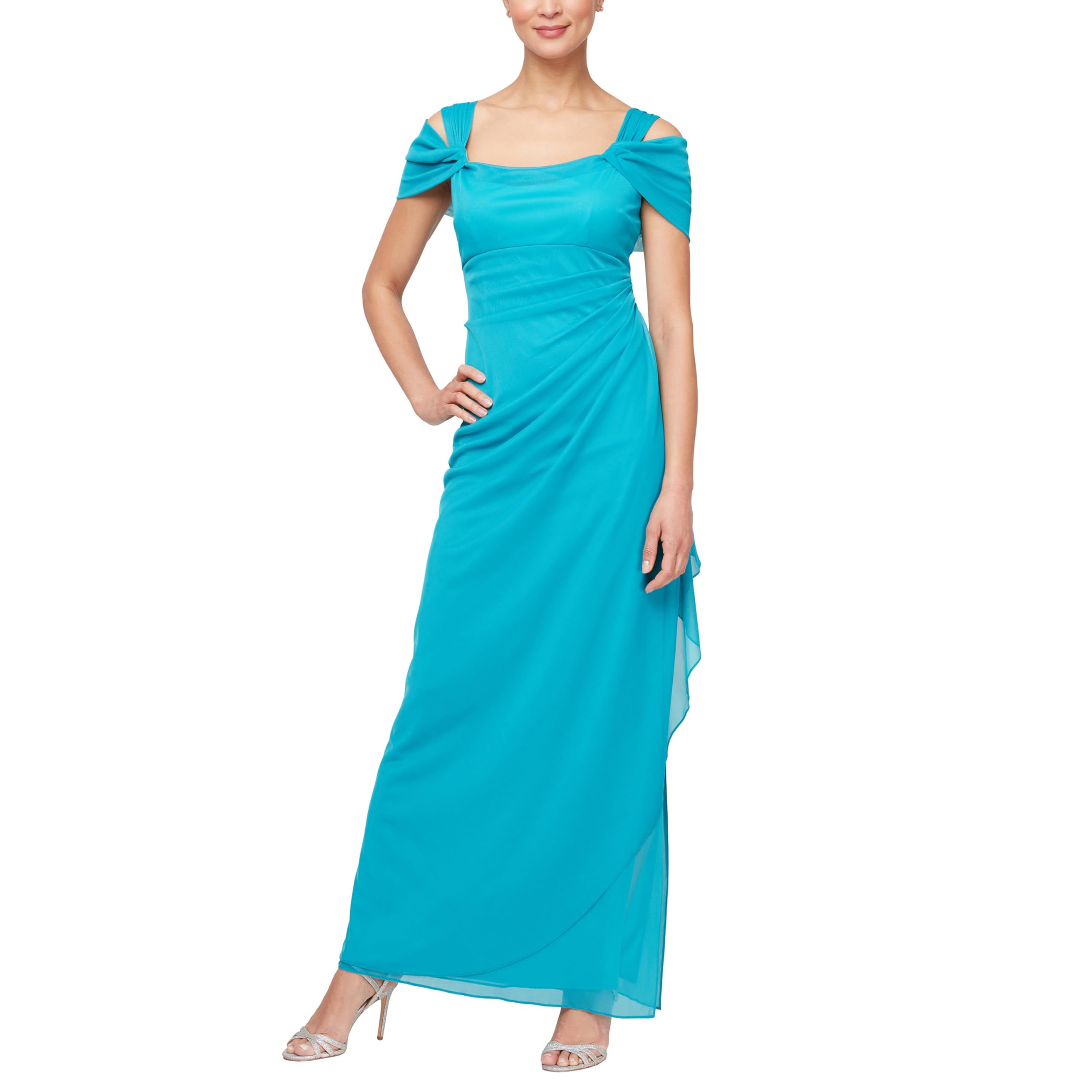 Alex Evenings Women's Long Cold Shoulder Mother of the Bride Dress with Cowl Neckline and Overlay Skirt