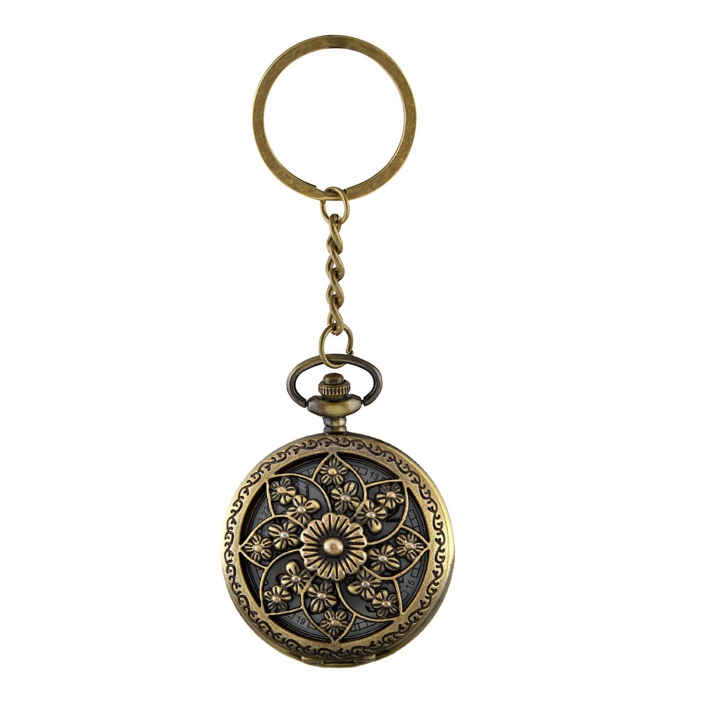 Metal Keychain For Men And Women, Round Key Ring Holder Organizer With Vintage Classic Pocket Stopwatch (Flower Design, Pack of 1)