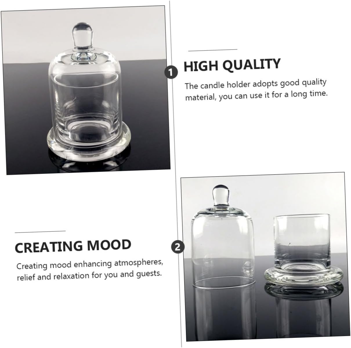 Glass Candle Holder Set 2pcs, 15.8cm Hand-Blown Bell Jar Candlestick for Weddings and Home Decor, Decorative Glass Candle Cup for Party Centerpiece