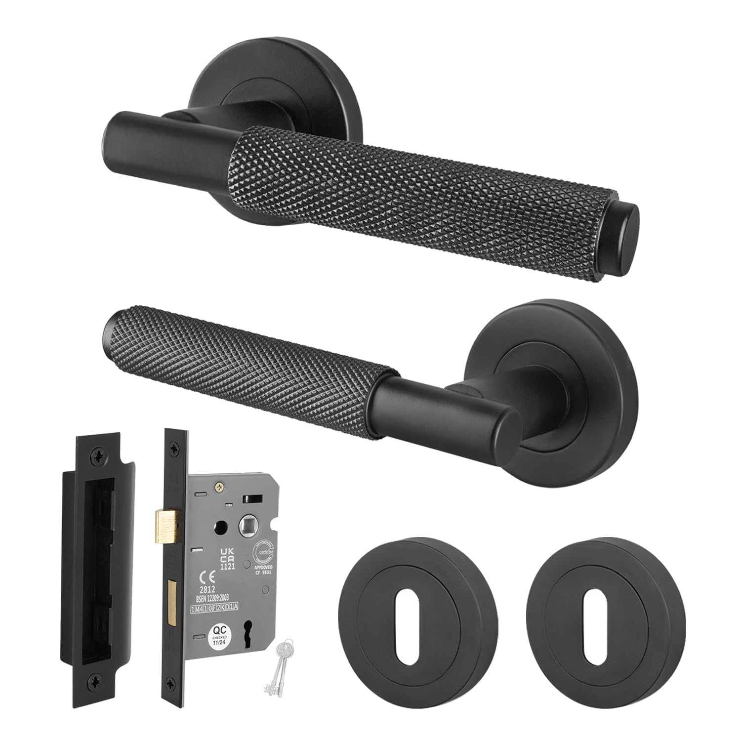 EAI Black Knurled Door Handle Key Lock Set, 1 Pair of Internal Matt Black Round Rose Door Handles and Sash Lock 64mm - Dolton Range
