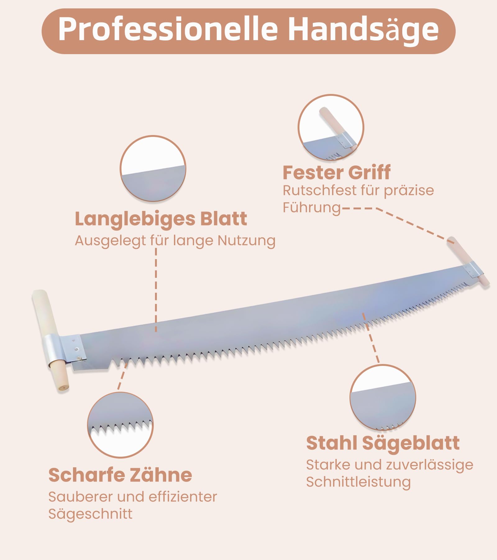 Zweimann-Baumsäge mit Holzgriffen – Handsäge für Baumstämme & Brennholz – robuste Zwei-Mann Säge für Forstarbeiten – langlebige Forstsäge manuell