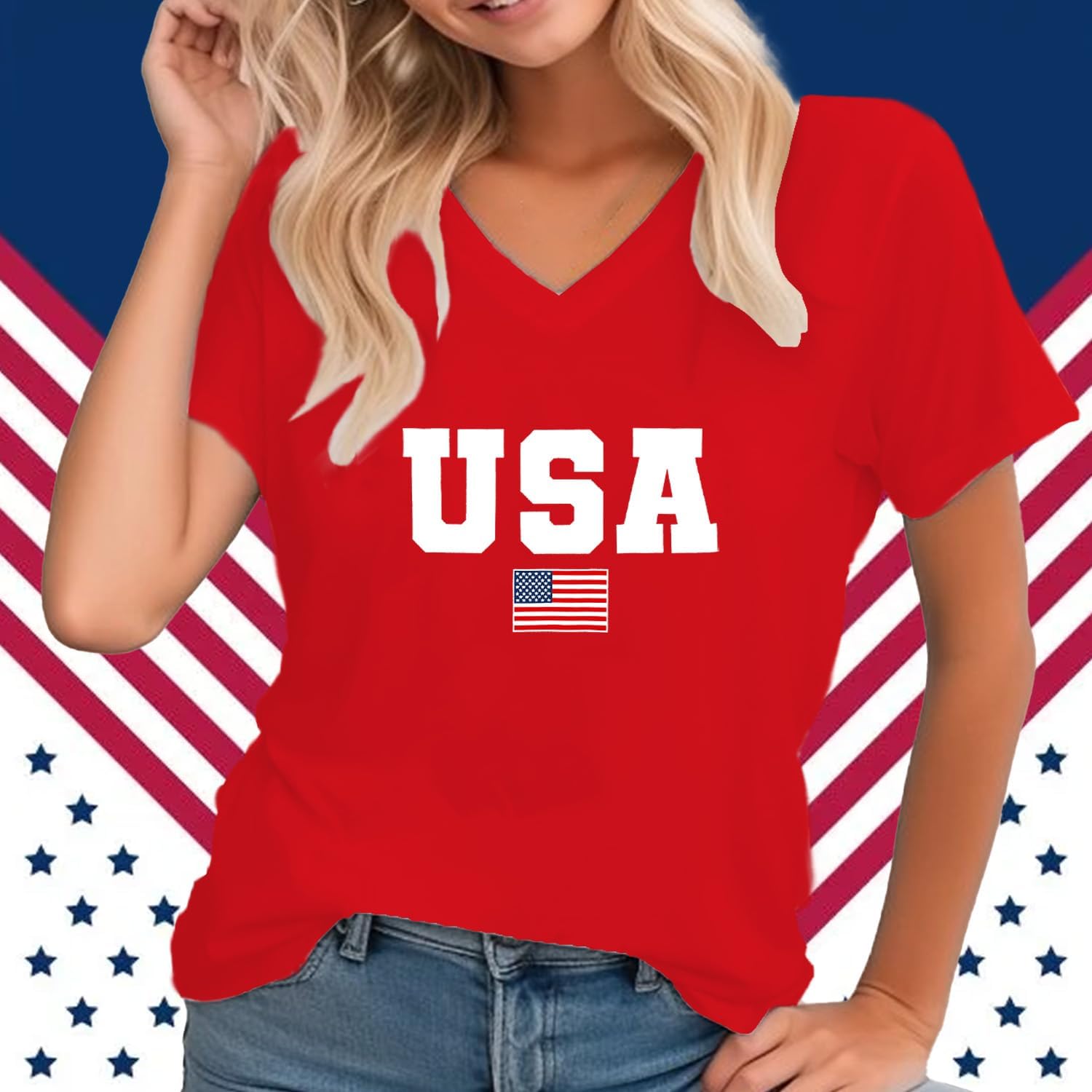4th of July Shirts Women USA T-Shirt American Flag V-Neck Tee Tops - Image 2