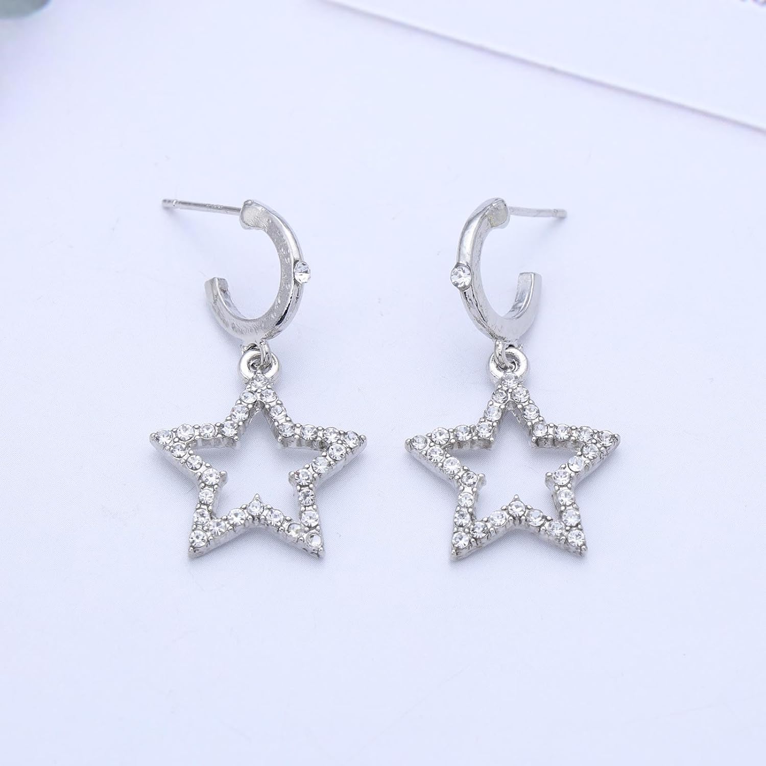 Bohemian Crystal Star Drop Earrings Small Hollow Star Dangle Earrings Silver Cz Star C Shape Earrings Rhinestone Star Circle Hoop Earrings Jewelry for Women - Image 4
