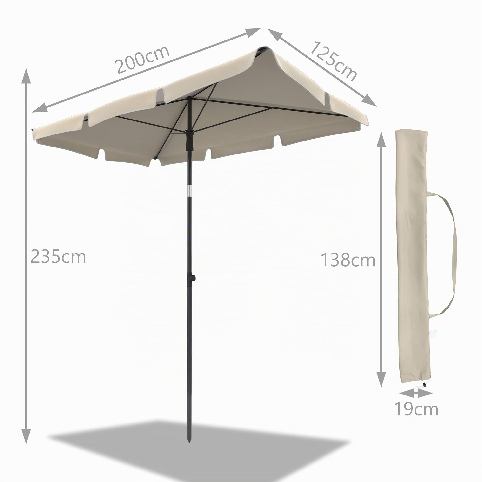 VOUNOT® Ombrellone da Giardino Rettangolare, Parasole da Balcone, 200 x 125 cm, Beige