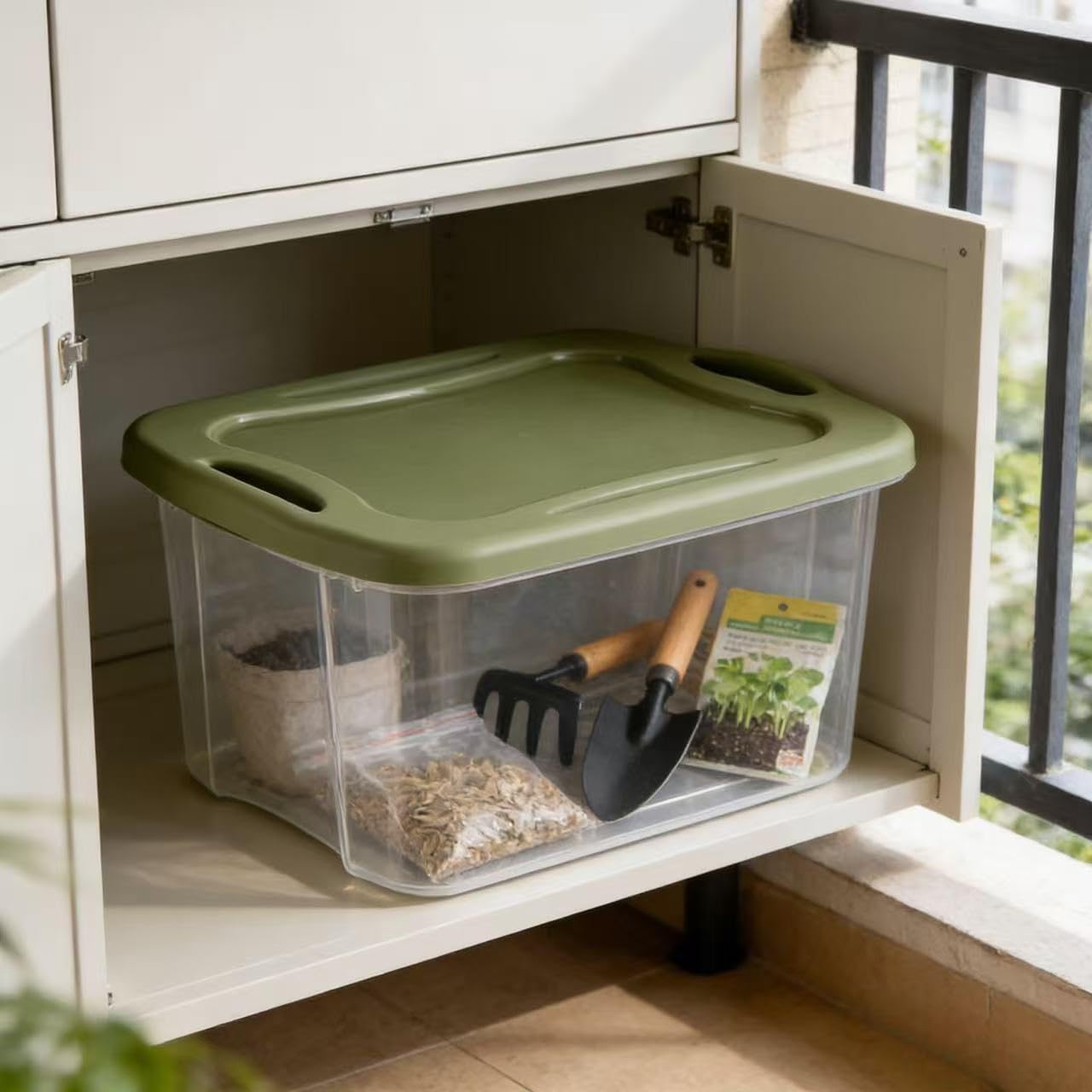 40 Quart Clear Plastic Storage Container with Full-Grip Handles, Green，2-pack