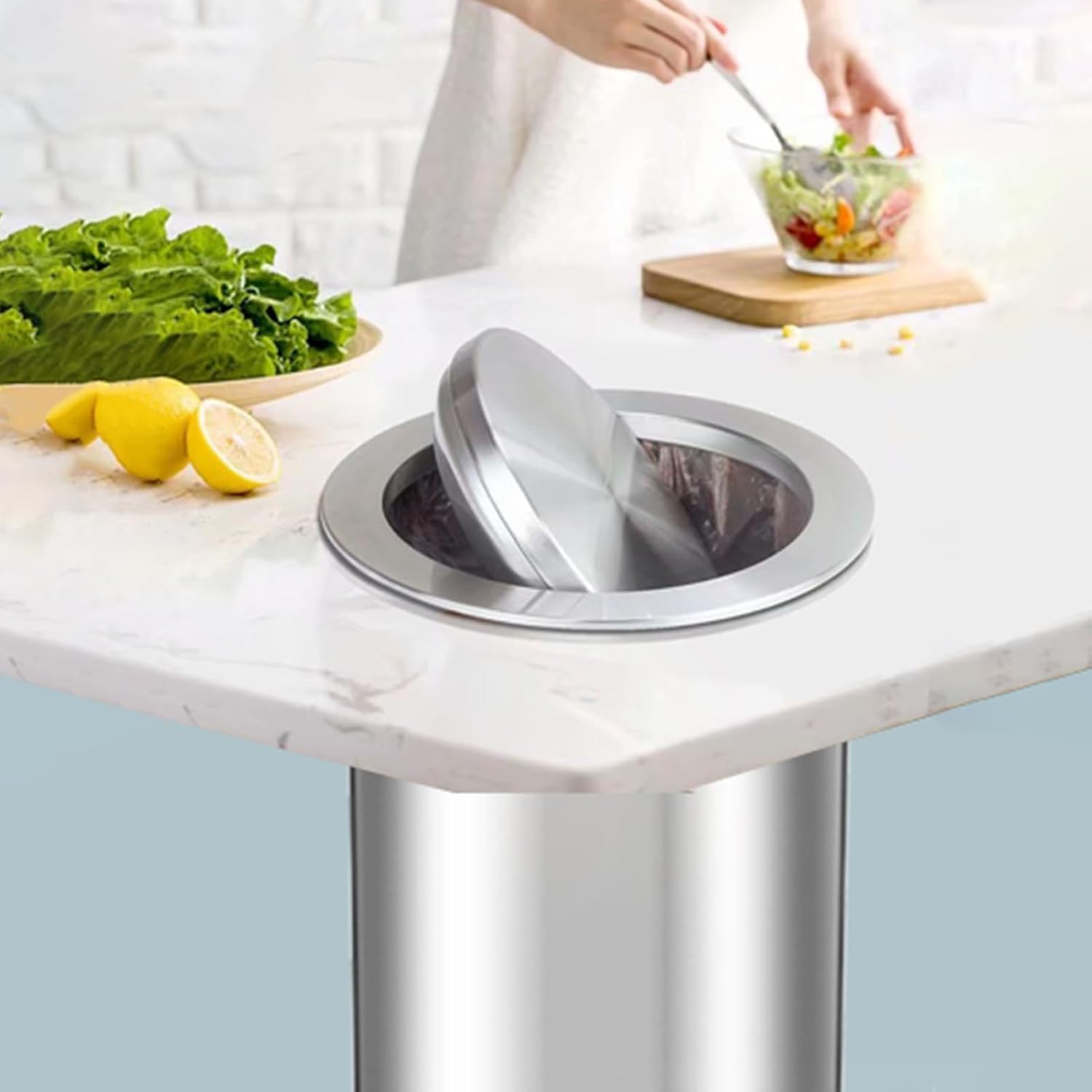 Round Swing Trash Bin Lid, Embedded Countertop Trash Chute Flap, Stainless Steel Garbage Cover, Simple Built-in Trash Can Lid for Bathroom Office Kitchen(21cm 304 Material)