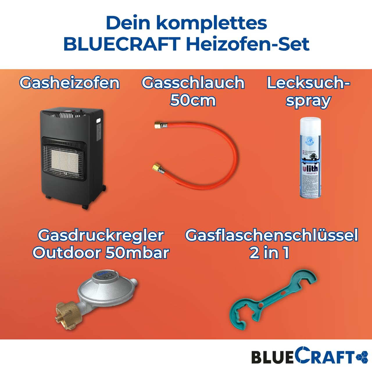 Bluecraft Heizofen Gas 4,2 kW + Druckregler Gasschlauch Gasregler Schlüssel | Gasheizofen für Innenräume, Infrarot Heizstrahler, Gasheizer, Notofen, Camping Heizung, Notheizung für Gasflasche 5kg 11kg