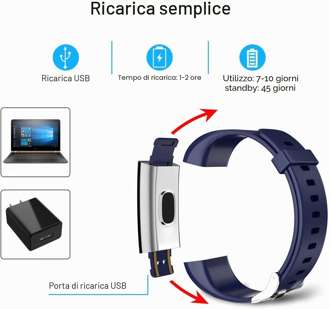 LEBEXY Braccialetto fitness impermeabile IP68, smartwatch con contapassi, contatore di calorie, GPS integrato, versione S2, blu