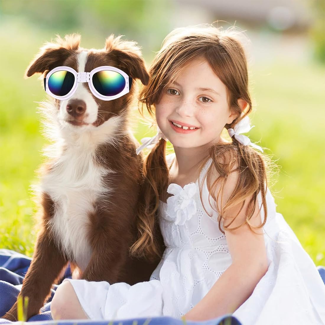 2 Pcs Occhiali per Cani, Occhiali da Sole e protettivi per Cani di Taglia Piccola, con Cinturini Regolabili e Pieghevole, Anti UV, Impermeabili, Antivento, Anti Appanamento