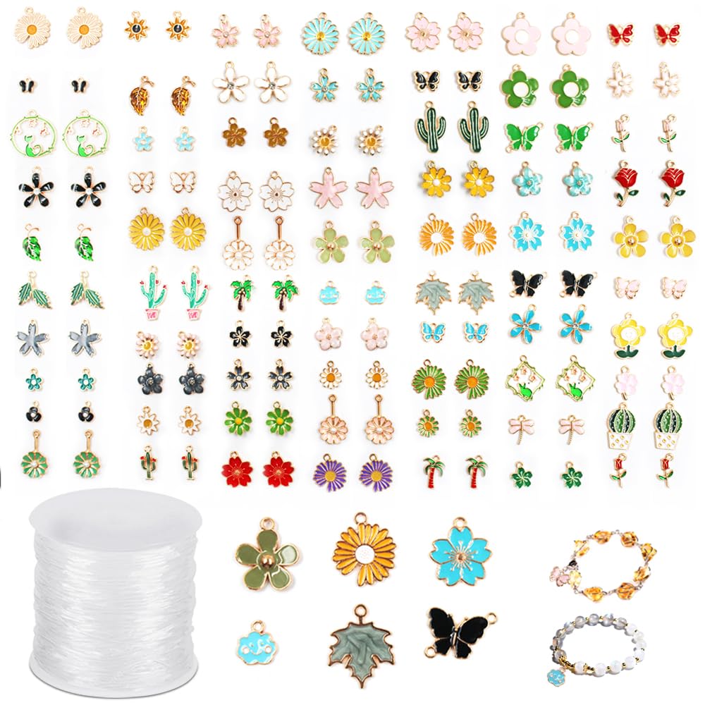 140-Piece Floral Jewelry Making Kit - Gold Enamel Charms Pendants with 80m Elastic Cord for DIY Bracelets, Necklaces, Earrings - Spring Flower, Daisy, Butterfly, Rose, Cactus Charms - Gift for Women