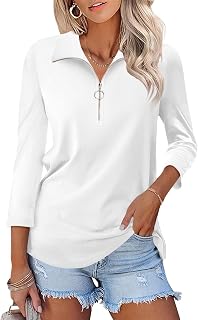 Minetom Women's V Neck 3/4 Sleeve Tops Quarter Zip Collared Shirts Polo Shirts Summer Tees