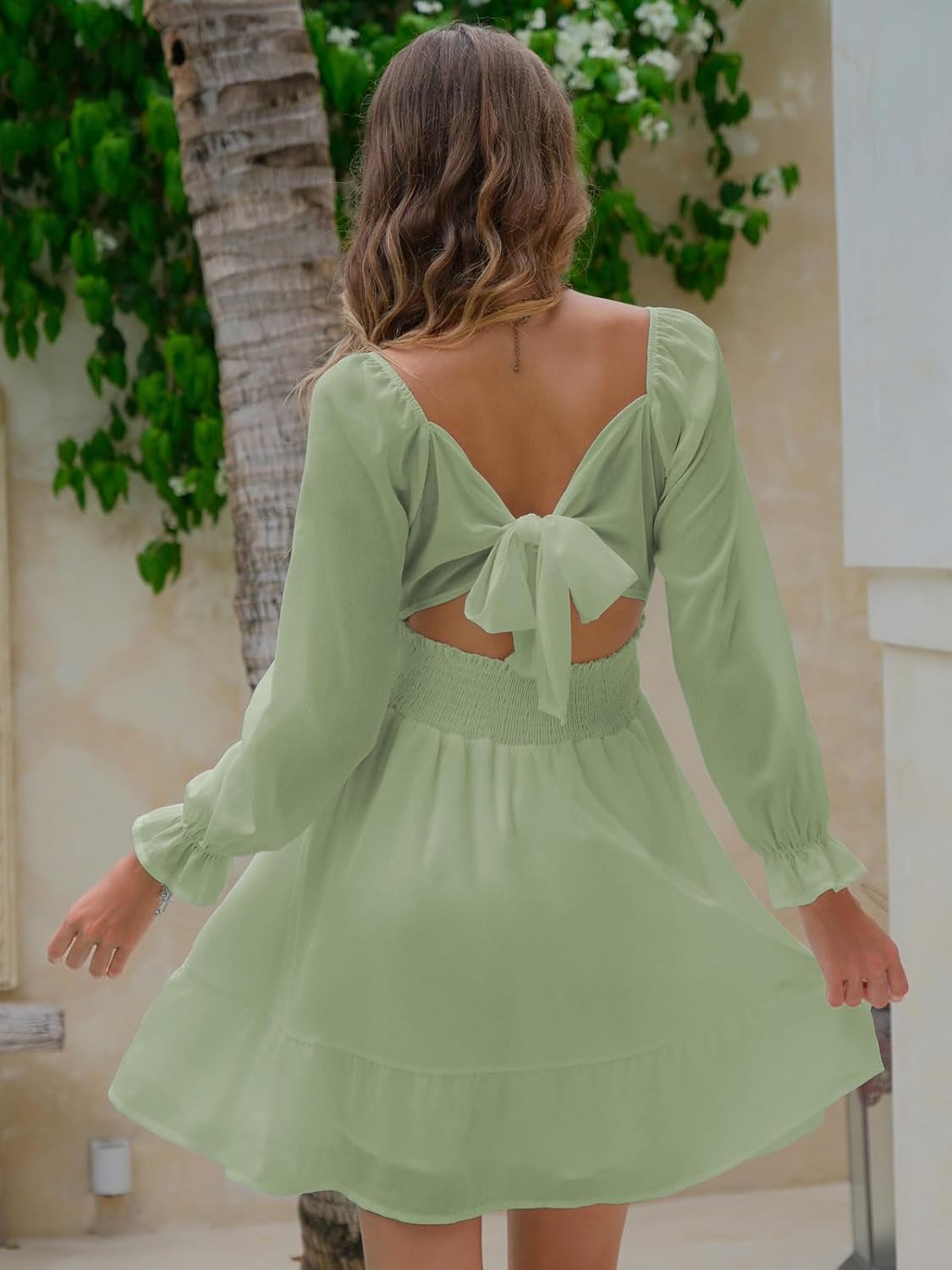 EXLURA Women's 2026 Casual Long Lantern Sleeve Dresses Square Neck Ruffle Tie Back Elastic Waist Aline Short Mini Dress - Image 5