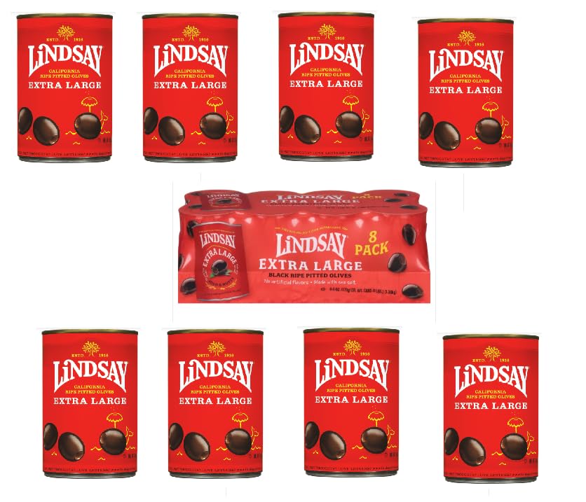 LINDSAY Extra Large Black Ripe Pitted Olives With Sea Salt No Artificial Flavors Kosher Pitted NON GMO 6 oz Cans (8 Pack)