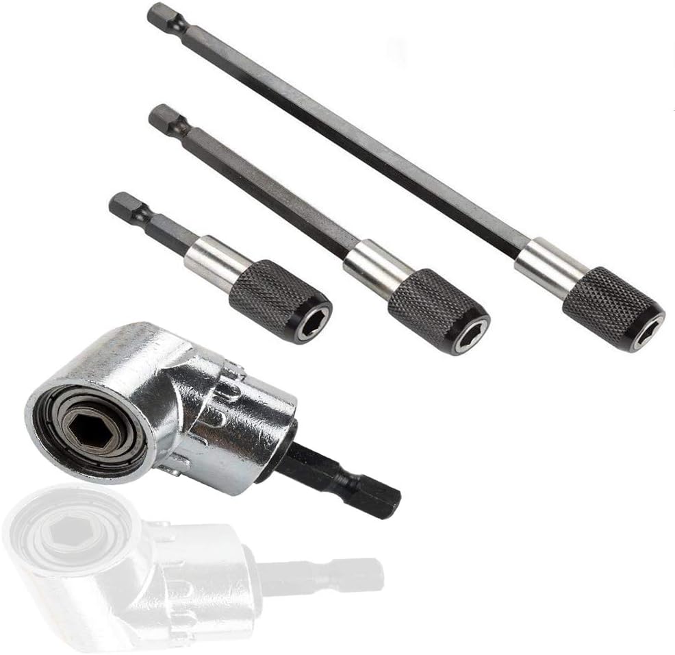 105 Degree Right Angle Extension Magnetic Driver Power Screwdriver Drill Bit Attachment 1/4" Hex Socket Adapter + 3Pcs 1/4" Hex Shank Quick Release Extension Screwdriver Bit Holder - 60mm/100mm/150mm