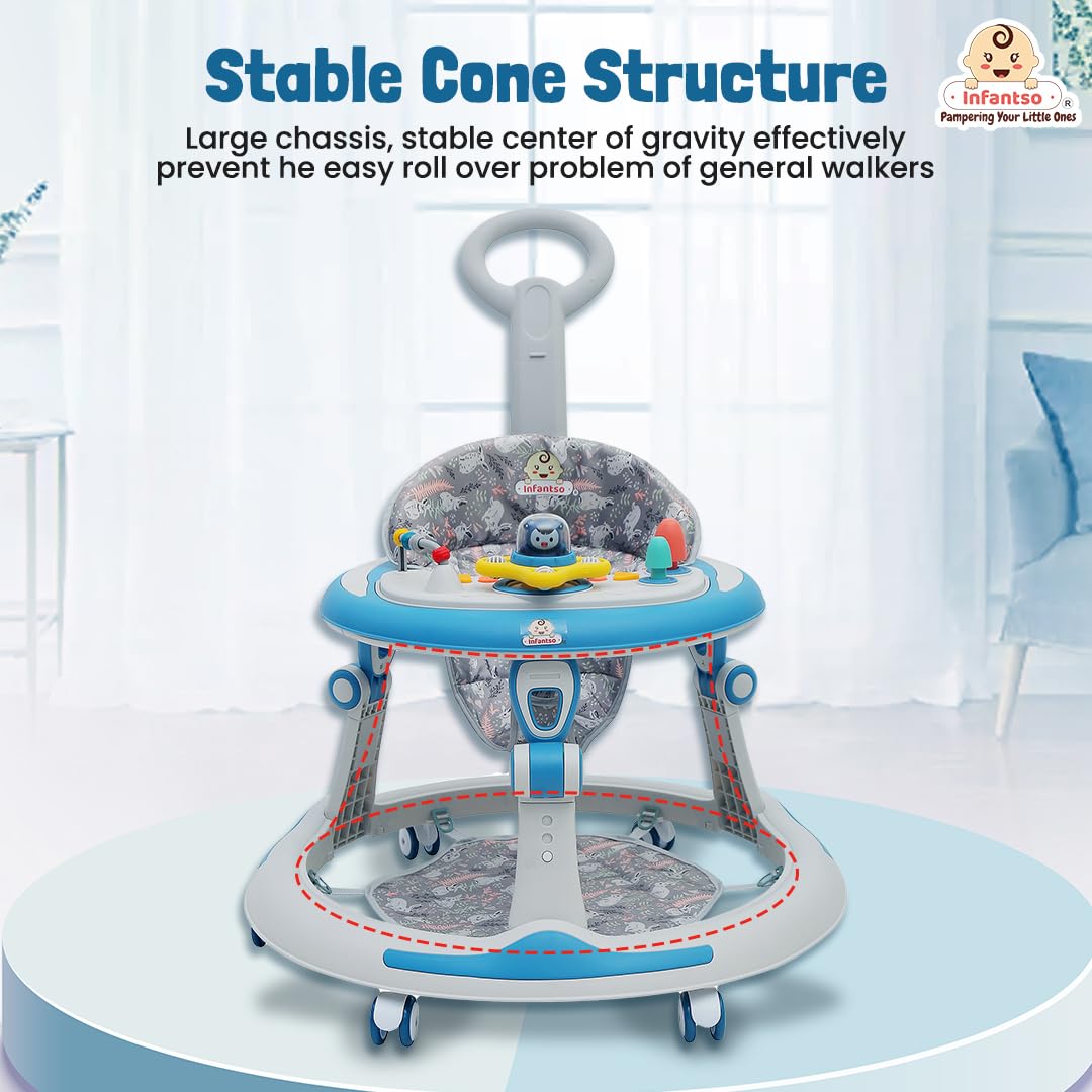 Infantso Sky high 4-in-1 Multifunctional Premium Baby Walker with 3 Level Height and Cushion seat Adjustment - Walker, Bouncer, Feeding Table and Parental Push bar, 6 to 24 Months - 15kgs - 03Blue - Image 9 thumbnail