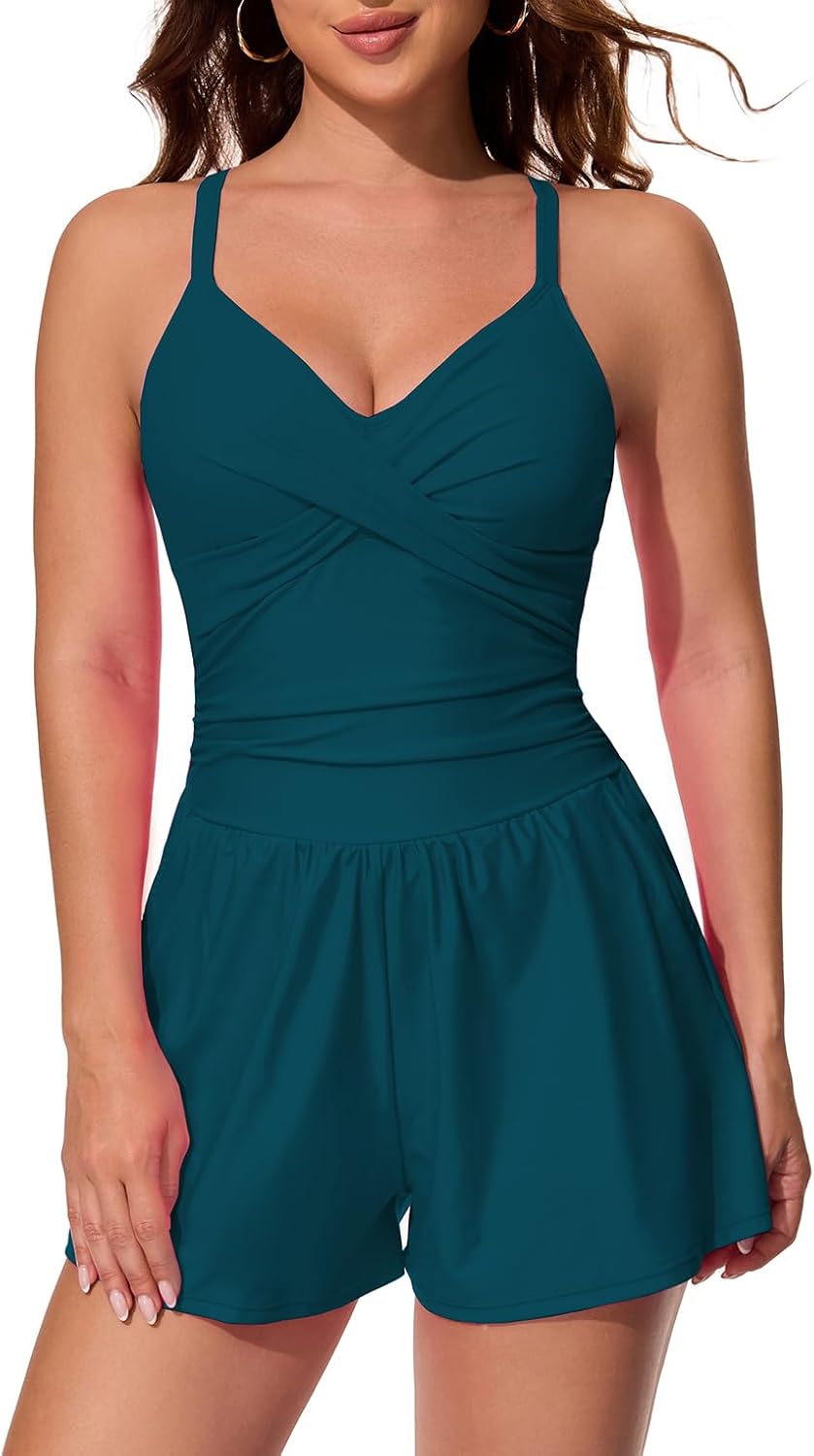 Smismivo Women's Swim Romper One Piece Tummy Control Swimsuits with Shorts and Pockets Modest Bathing Suits Full Coverage - Image 6