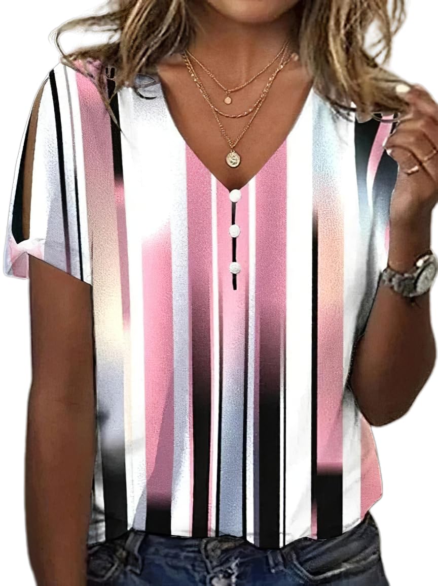 Akivide Womens Summer Boho Floral Print Short Sleeve Button Up Dressy Casual Blouses Shirts Tunic Tops