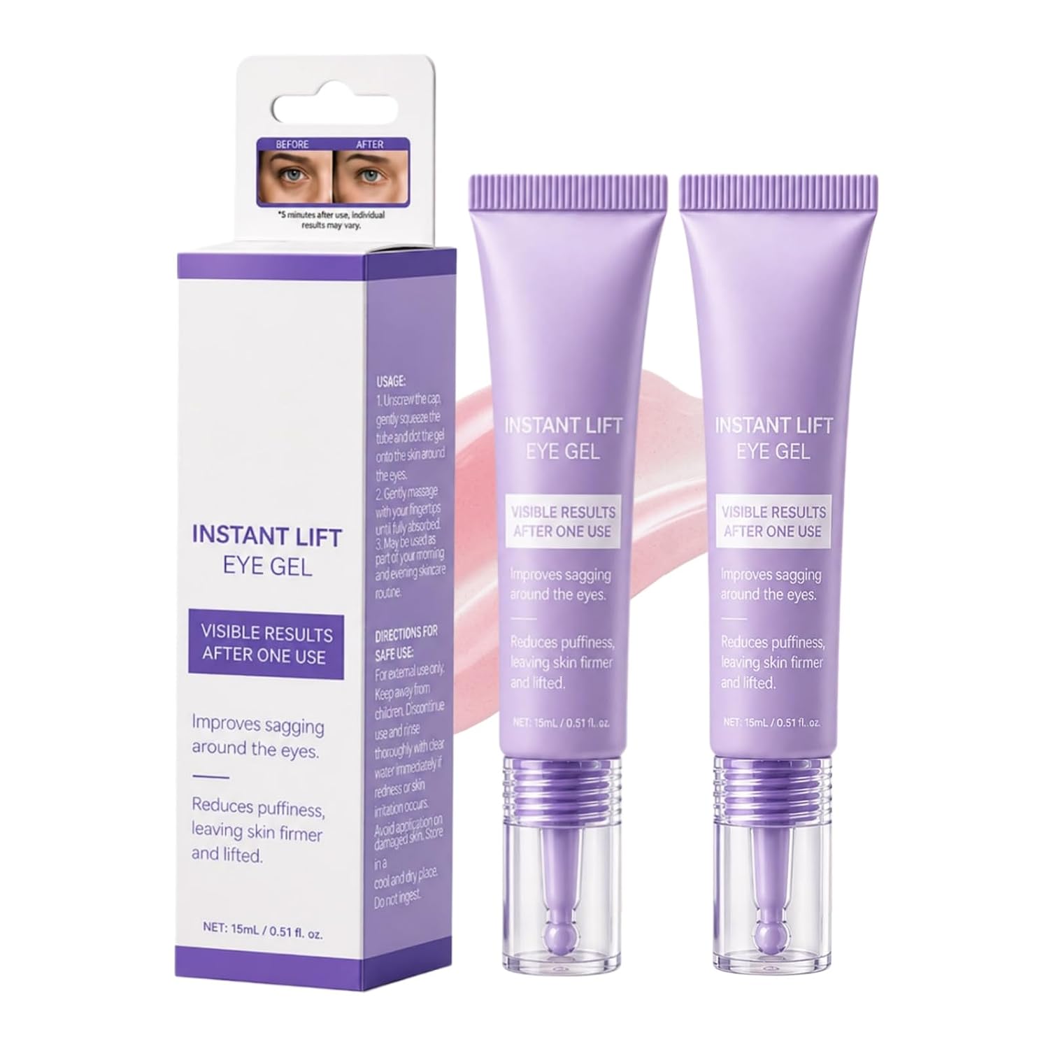Instant Lift Eye Gel, Under Eye Gel for the Look of Puffiness, Bags and Fine Lines, Hydrating Eye Care with Collagen for a Refreshed Appearance, for Women and Men (2PC)