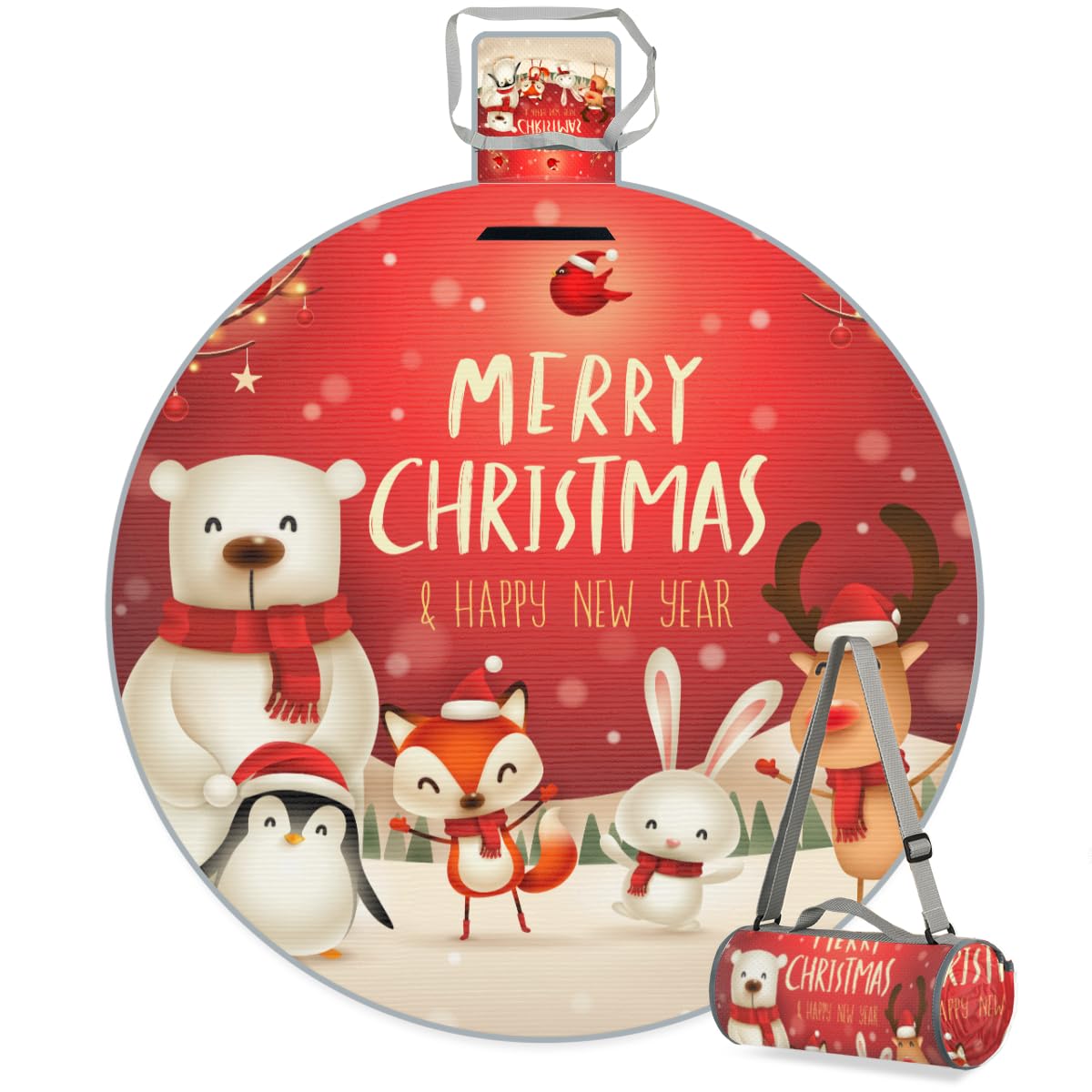Shimoshe Christmas New Year Cute Animals Picnic Outdoor Blanket Foldable Waterproof Sandproof Beach Blanket Portable Water-Resistant Round Picnic Mat for Travel Camping Park Lawn