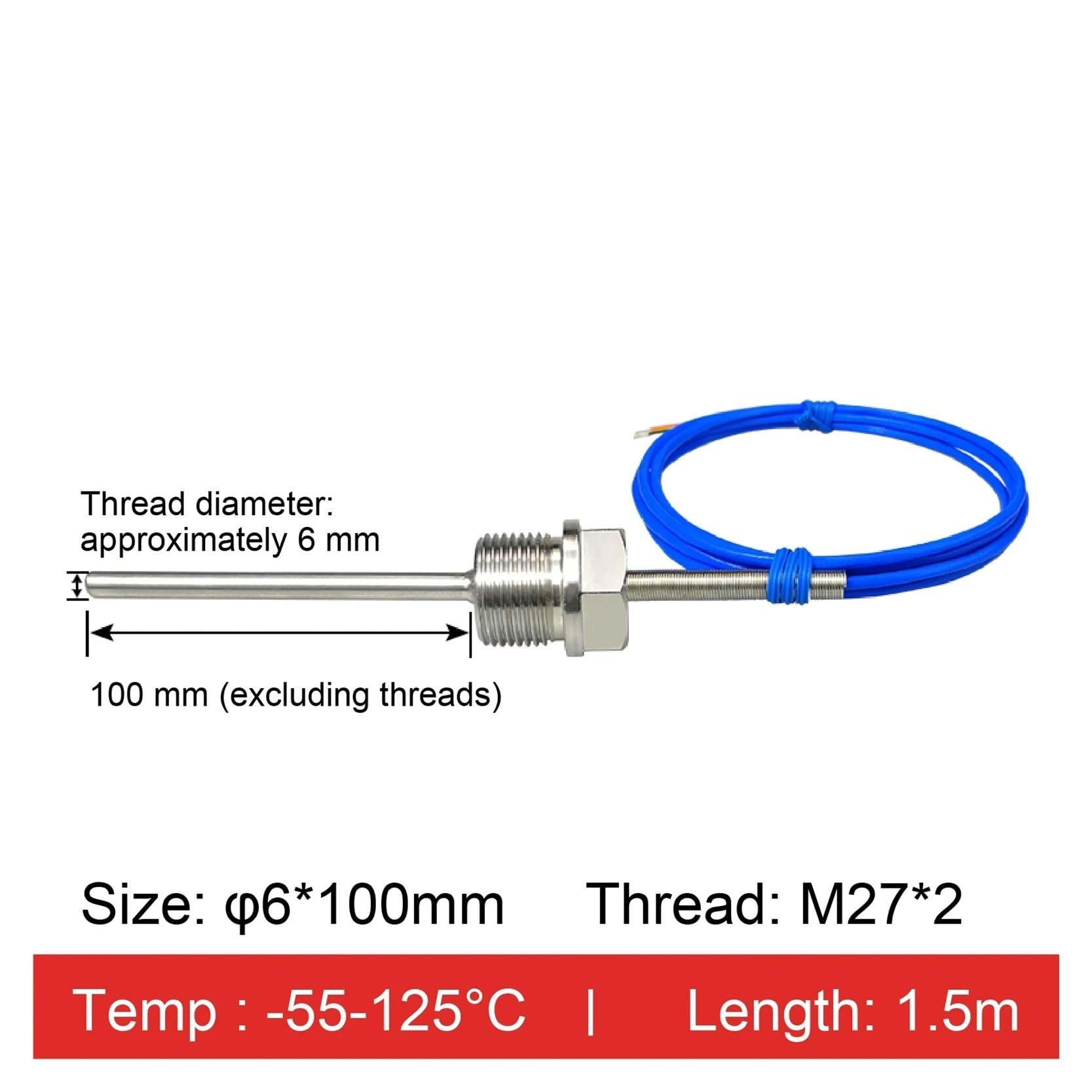 Sensor de Temperatura, sonda Acero Inoxidable con Sensor, termómetro Digital Rosca PTFE for Uso Industrial(M27*2/6 * 100 Mm)