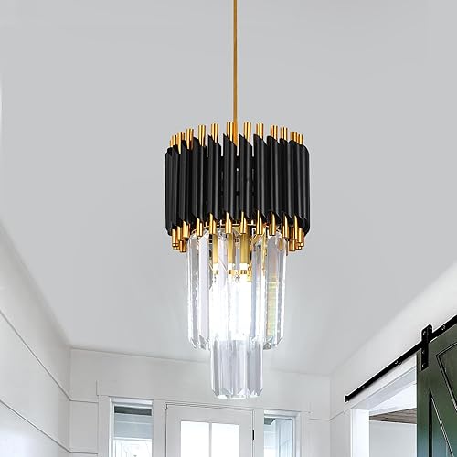 Miniatura 7 de Candelabro de cristal dorado para lámpara colgante moderna de cristal para isla de cocina de 7.5 pulgadas, lámpara de araña negra y dorada para