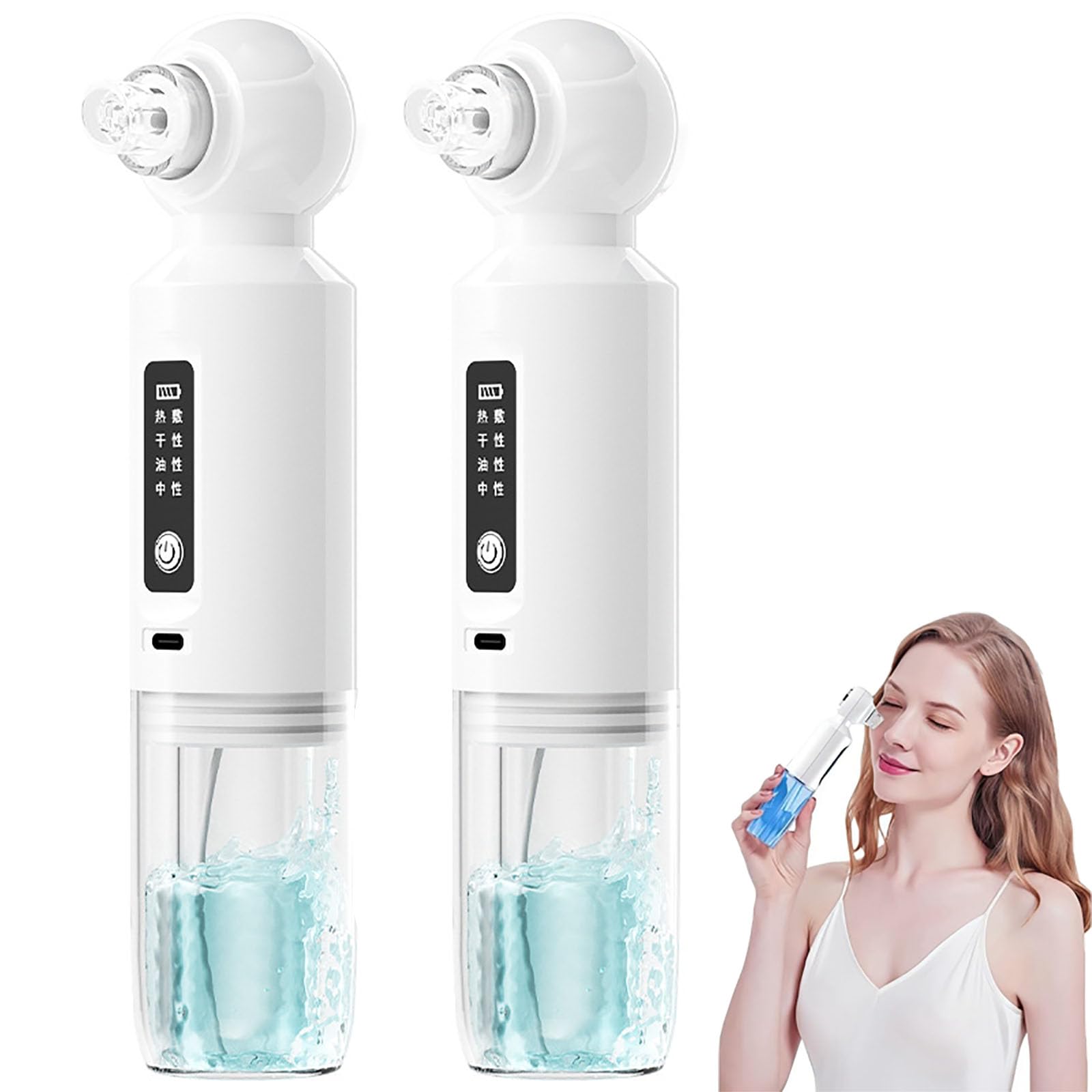 Aspirapunti neri viso profondo con spruzzo d'acqua con microbolle, strumento elettrico per rimuovere punti neri con 6 testine sostituibili, aspirazione regolabile, aspiratore punti (2pcs)