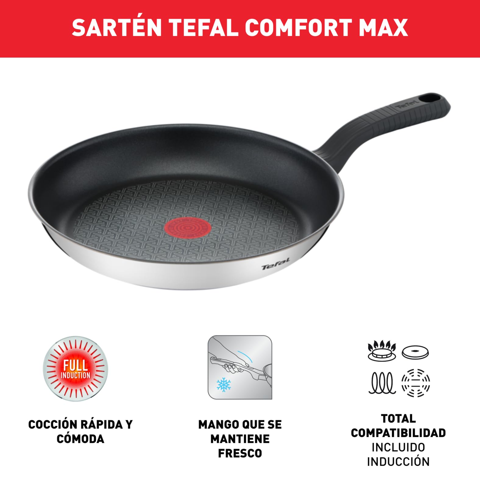 Tefal Comfort Max - Sartén de 26 cm, Apto inducción, antiadherente, revestimiento titanio, Thermo-signal,apto lavavajillas y horno, acero inoxidable — view 2