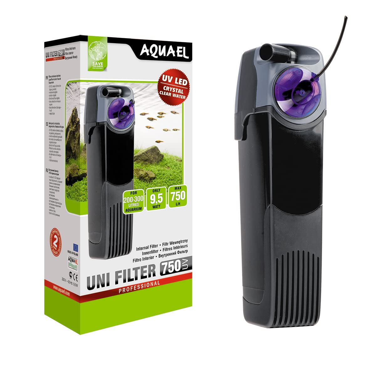 Aquael Unifilter Uv EL107403 - Filtro Interno Con Sterilizzatore Uv Led Per Acquari da 200/300 l, 9,5W, 750 L/h