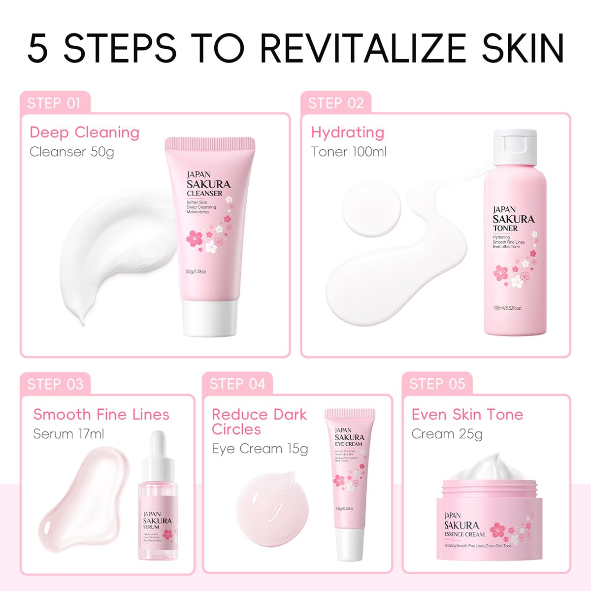 8 Pcs SakuraSkincare Set Complete Facial Care with Vitamin C, Includes Cleanser, TonerSerum, Eye Cream, Essence Cream, Sakura hairpin, Sakura hair rope, Pink octopus face wash massager - Image 5