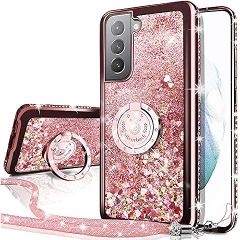 Miss Arts Galaxy S22 5G Case, [Silverback] Moving Liquid Holographic Glitter Case With Kickstand, Girls Women Bling Diamond Ring Slim Protective Cover for Samsung Galaxy S22 5G -Rose Gold Cover