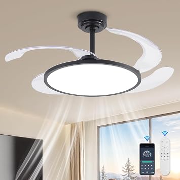 AHAWILL 48 Retractable Ceiling Fan with Remote Control,Bladeless Ceiling Fan with LED Lights,Stepless Full Spectrum,Memory,Modern Silent Chandelier for Bedroom Dining Room Living Room,Black