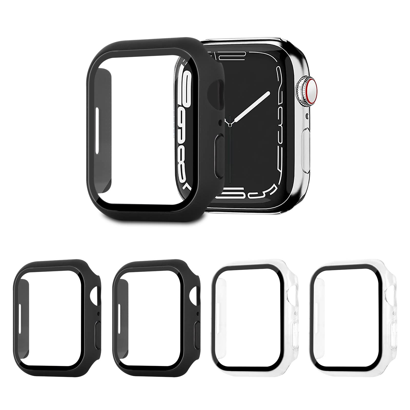 AOTUAO 4 Pezzi Cover Compatibile con Apple Watch Series 9 8 7 45mm con Vetro Temperato, iWatch Case Protettore Schermo e Protettiva Custodia per Apple Watch Series 9 8 7 45mm(2Nero 2Trasparente)