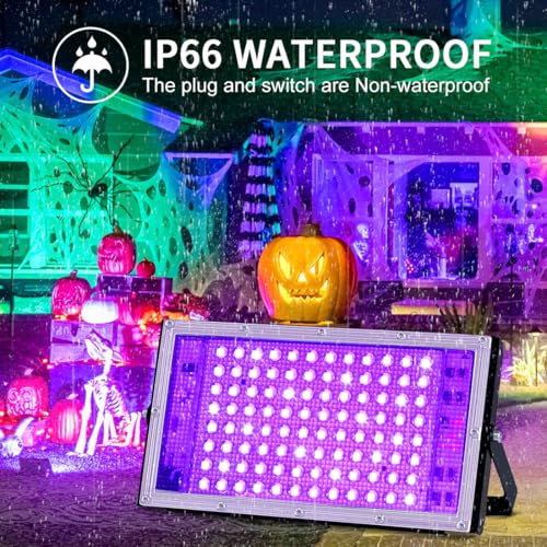 Image of 100W LED Black Light 385-400nm Blacklight Flood Light for Neon Glow Party, IP66 Waterproof 6FT Power Cord+Plug+Switch for Outdoor Spotlight Stage Fluorescent Poster Halloween Body Paint