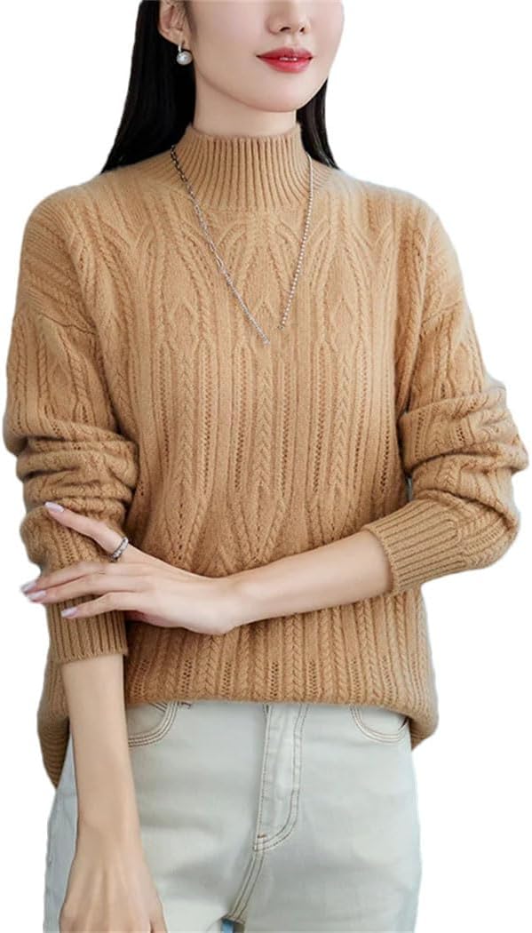 Women's 100% Wool Knitted Sweater Solid Mock Neck Long Sleeve Twisted Pullover Winter Thickening Thermal Tops