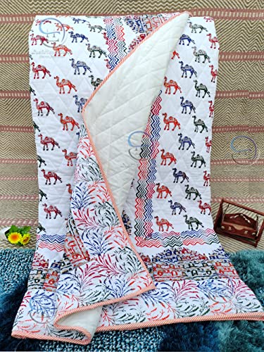 Image of 380 GSM Hand Block and Screen Small Camal and Heritage Haw Mahal Print Winter Cotton Double Bed Quilt Jaipuri Razai - King Size Red Multicolor, Rajai 90X105 Inch
