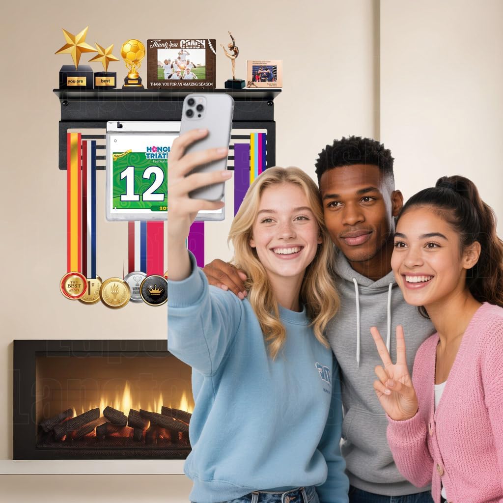 Non-Slip Medal Hanger Display with Shelf - 16" Length with 5" Width,Shelf Board 4" Width, Trophy Shelf for Wall,Gymnasty,Soccer, Swim,Marathon...