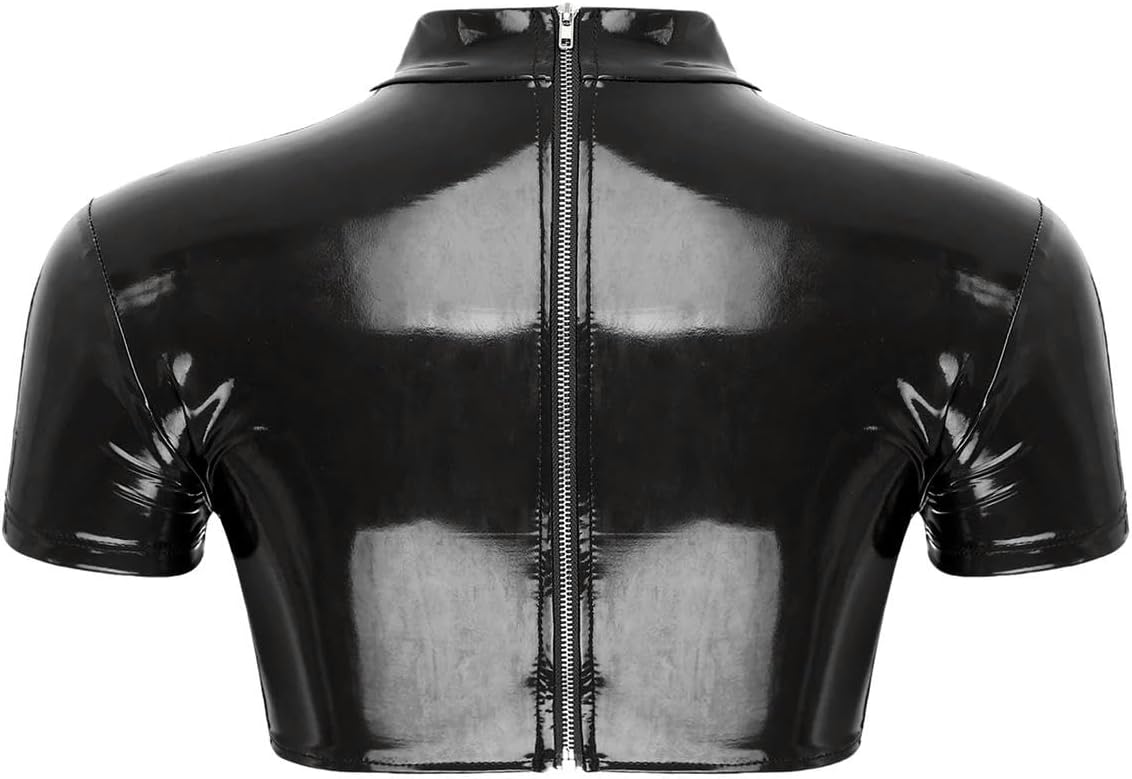 Women’s Crop Top Mock Neck Short Sleeve Back Zipper Tops Little Cutout Buckle Skinny Lingerie Rave Party Crop Top