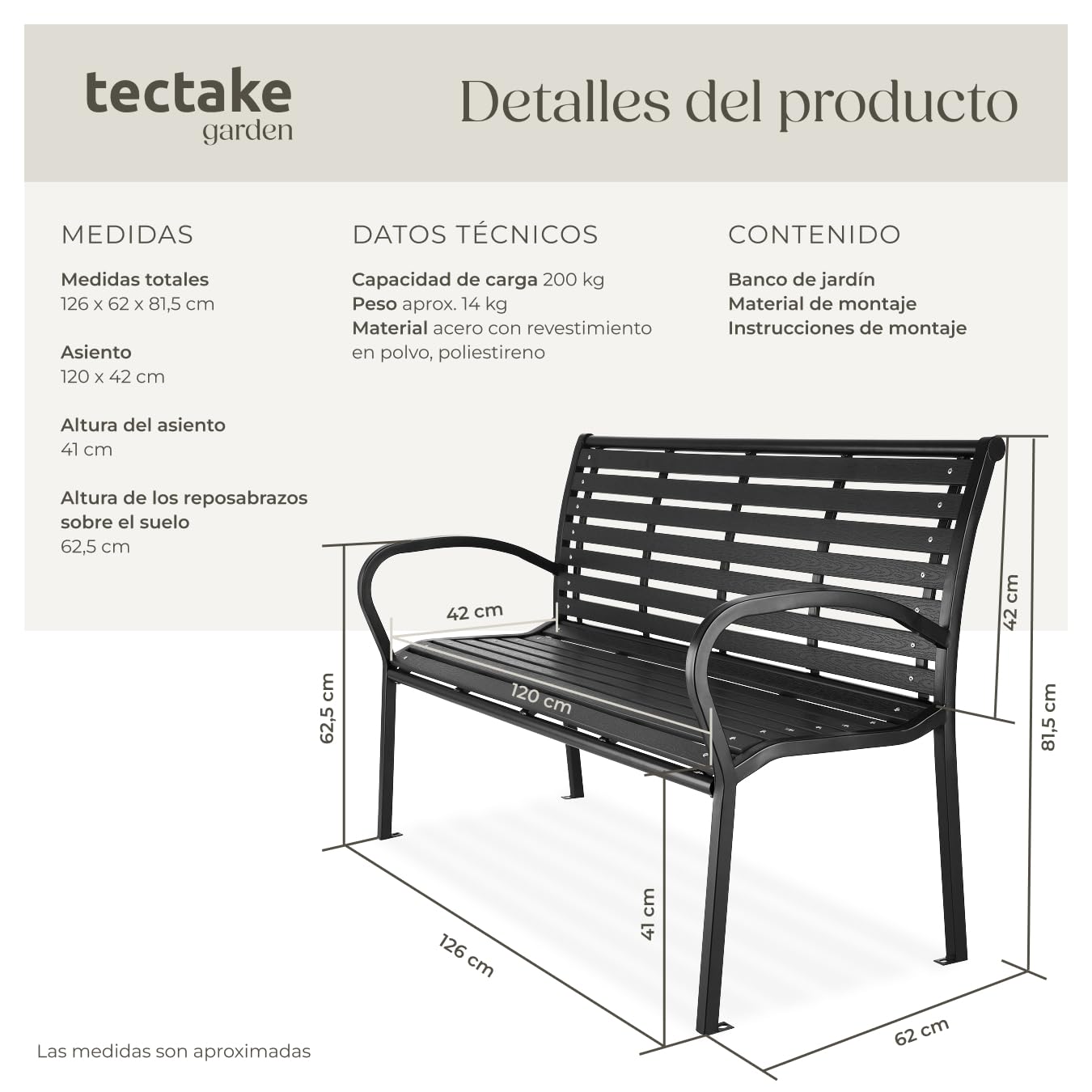 tectake® Banco de Jardín 3 Plazas, Estructura Acero Lacado, Apto Exterior, Mueble Jardín, Banco Terraza, Banco Madera Rustico, Chill out Exterior Terraza, Fácil Montaje - Negro