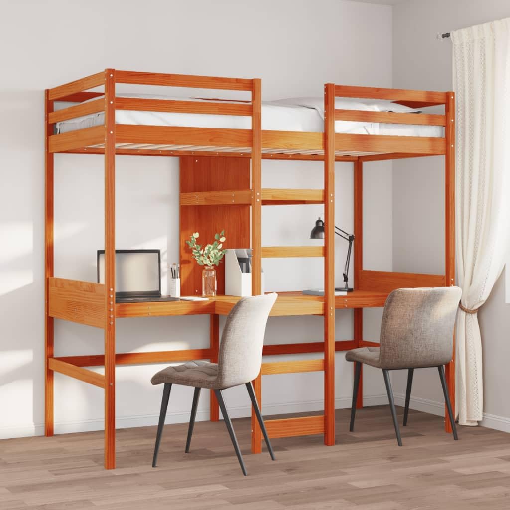 Cama Alta de Madera Maciza de Pino marrón Cera 80x200 cm con Estructura Resistente, Base de Listones, barandillas, Escalera incorporada, Almacenamiento Debajo