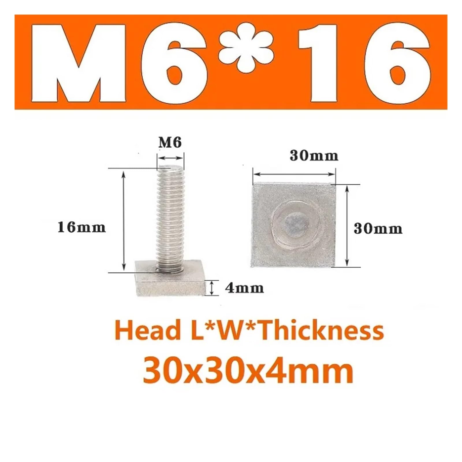 Stahl-T-förmige Schienenbefestigungsschrauben M6, M8, M10 mit Vierkantkopf, Länge 16 bis 50 mm, Edelstahl 304(L25xW25xThick3mm)