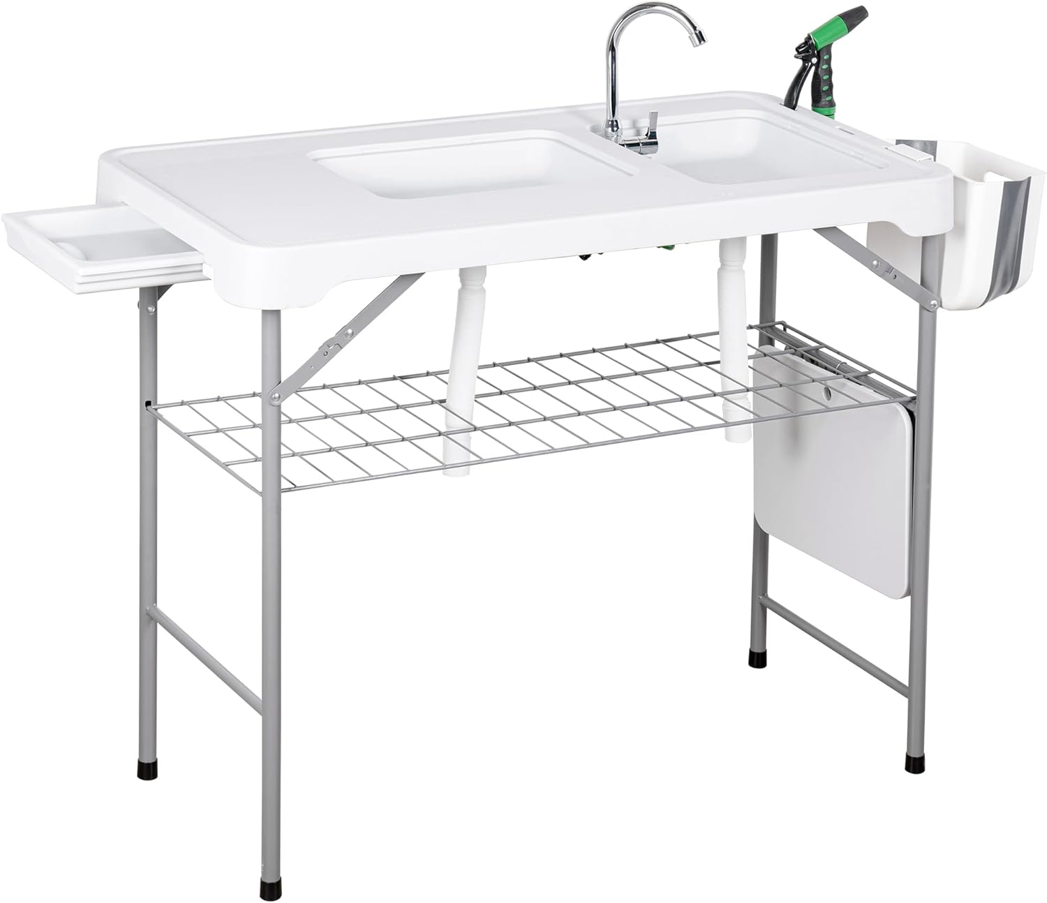 Allpop Fish Cleaning Table with 2 Sinks & Grid Rack, 42.5'' Portable Folding Camping Fish Station with Foldable Faucet, Drainage Hose, Sprayer, Storage Box, Drawer & Grooves for Picnic, White