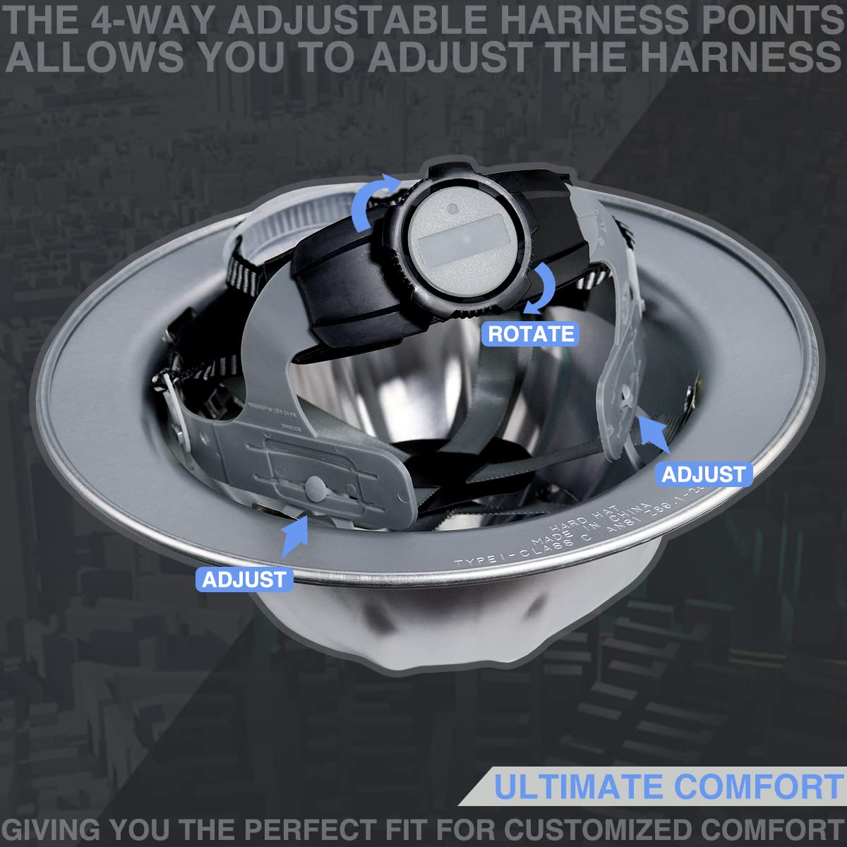 Casco de seguridad de aluminio con alas completas con suspensiones de trinquete, gorra de seguridad plateada, casco de talla única que se adapta a la mayoría
