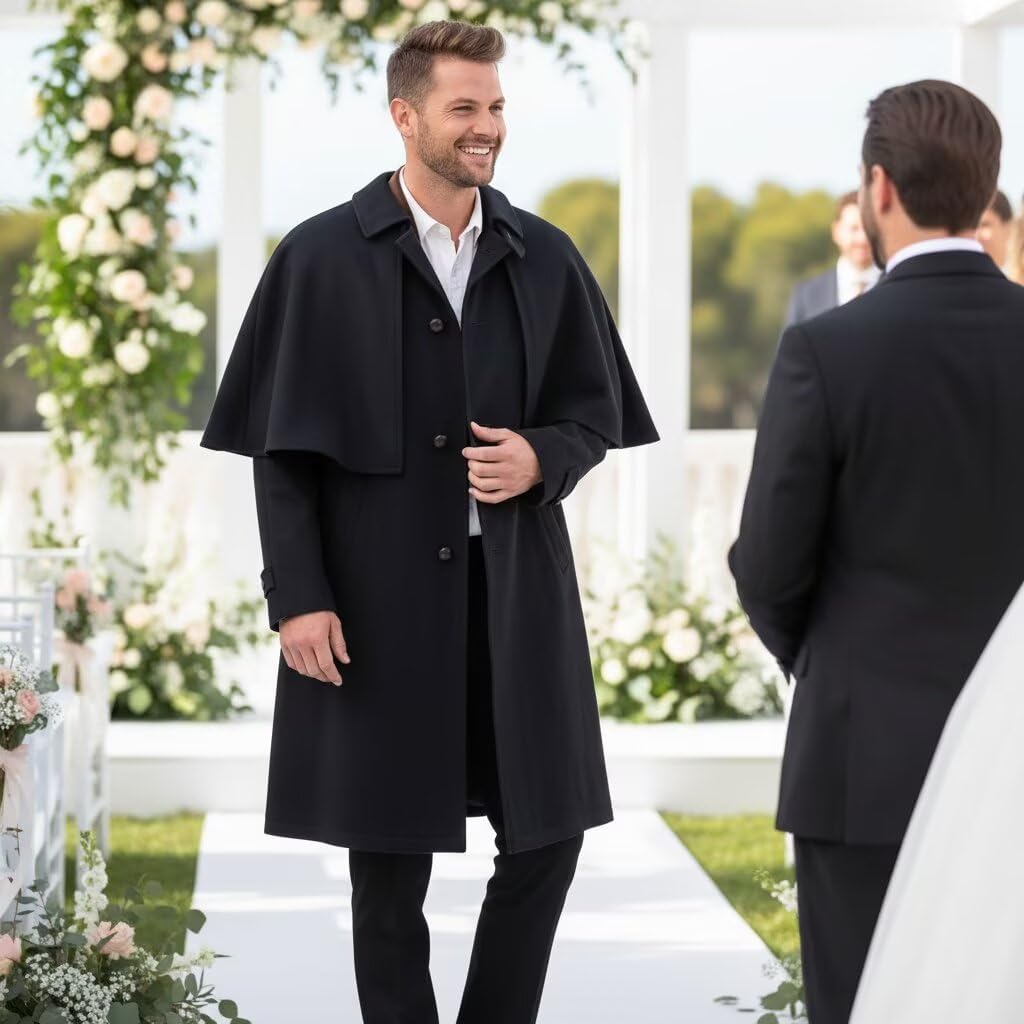 Mens Overcoat with Cape Wool Blend Overcoat for Men Casual Notched Collar Winter Long Trench Coat