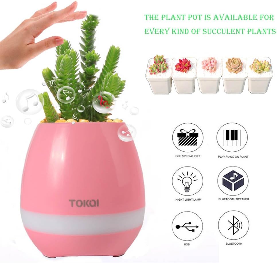Flower Pots, Music Gifts - A Plant Pot, Music Flower Pot with Crystal Stereo Sound Bluetooth Speaker & NightLight, Make a Sweet Piano Sound by Touching Plants - Funny Gift (light pink)