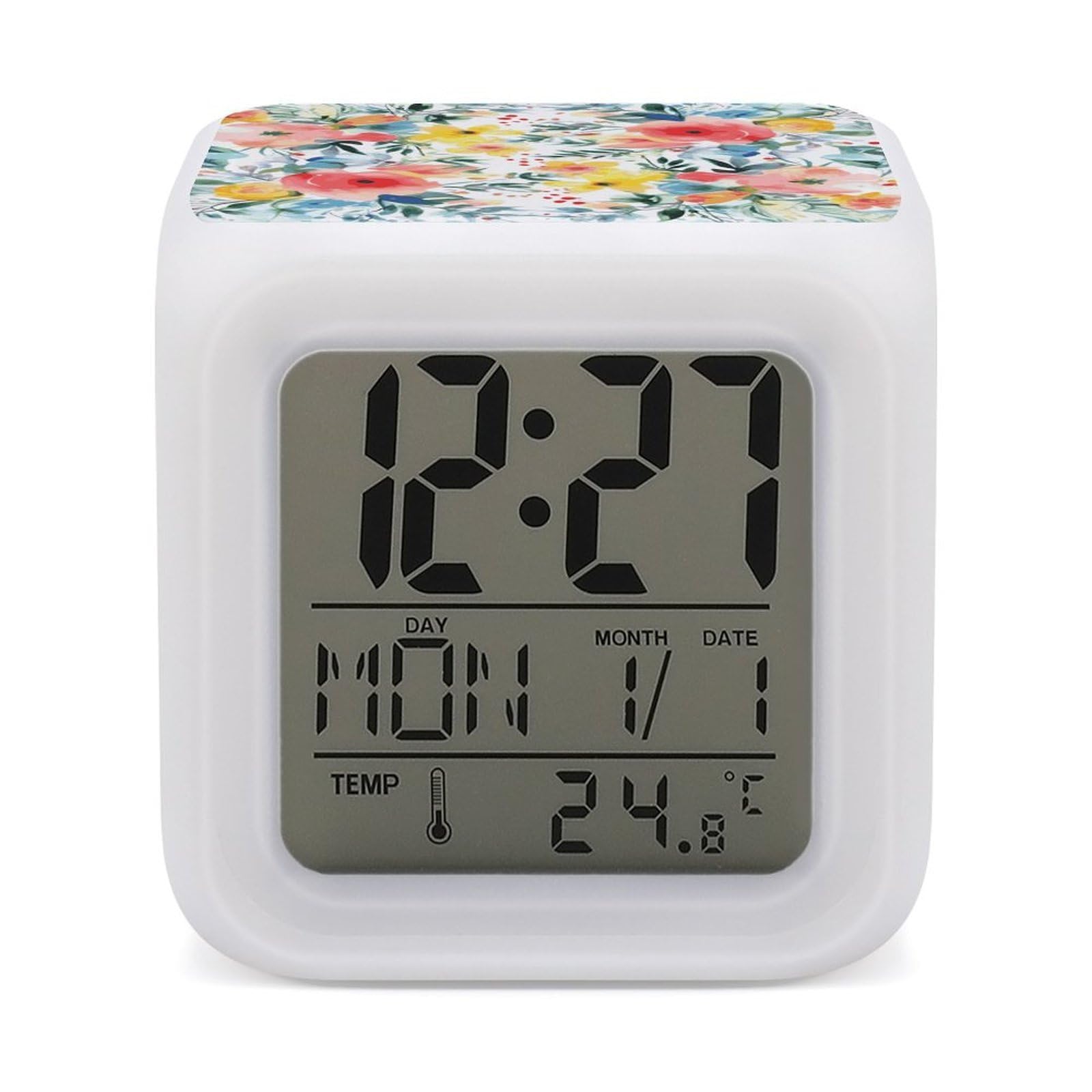 JTREHY Bright Floral Watercolor Alarm Clock Digital Dimmable Clock for Bedroom LED Display Screen Mini Clocks 7 Color Dimmable Night Lights Time-to-Rise Alarm Clocks for Office Living Room