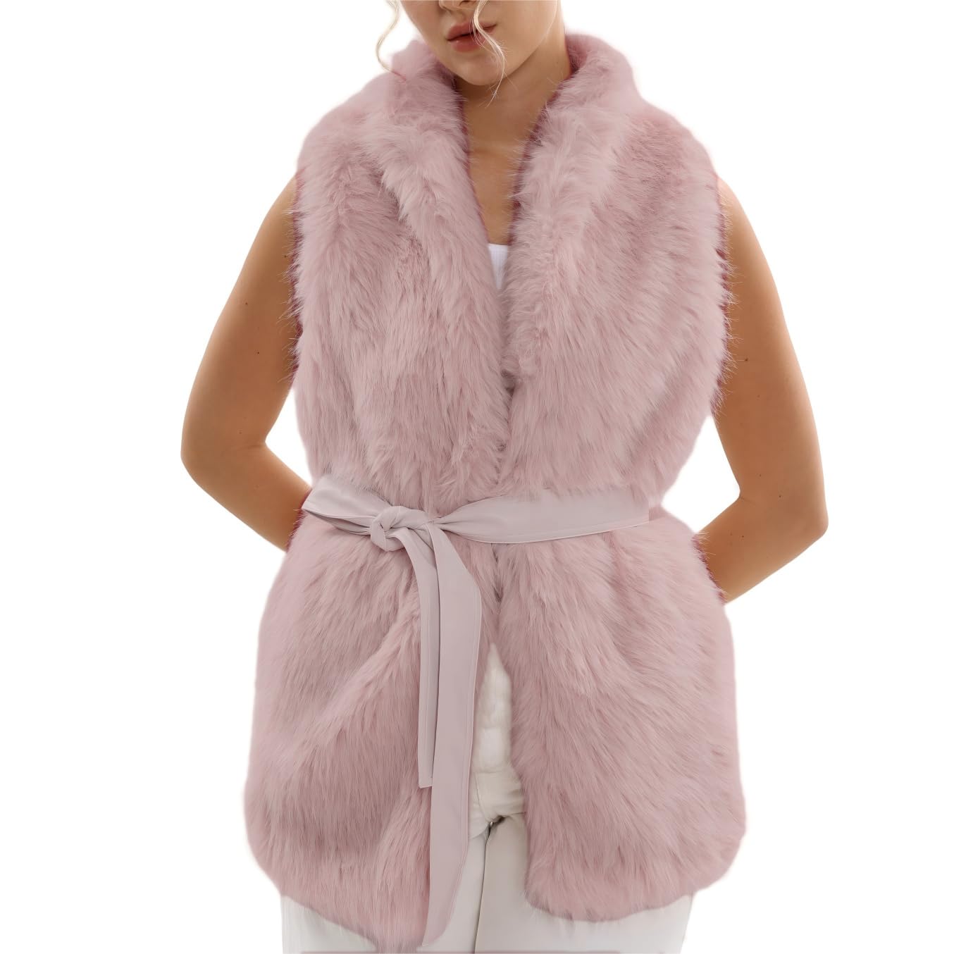 Amazhiyu Gilet di pelliccia da donna, in pelliccia sintetica, lungo gilet da donna, senza maniche, in pelliccia sintetica, gilet invernale, caldo, autunno, inverno, con cinture e tasche