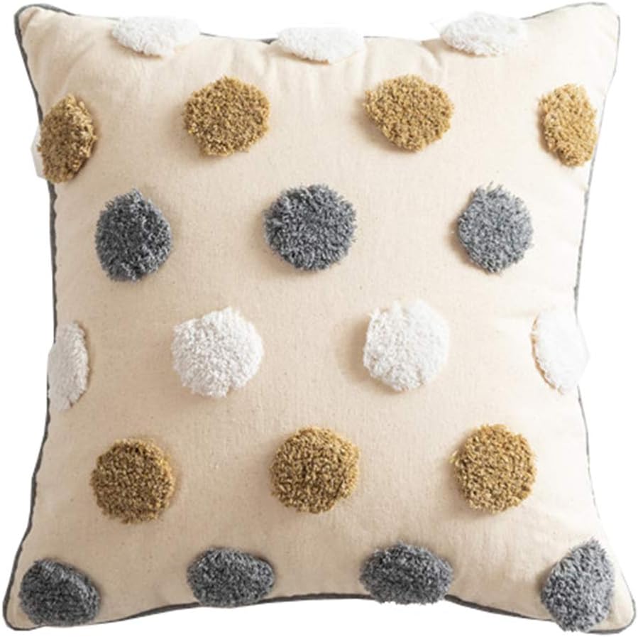 vctops Boho Round Dots Tufted Cotton Throw Pillow Cover Square Farmhouse Colorful Geometric Woven Tufing Cushion Case (BeigeCircle, 18"x18")