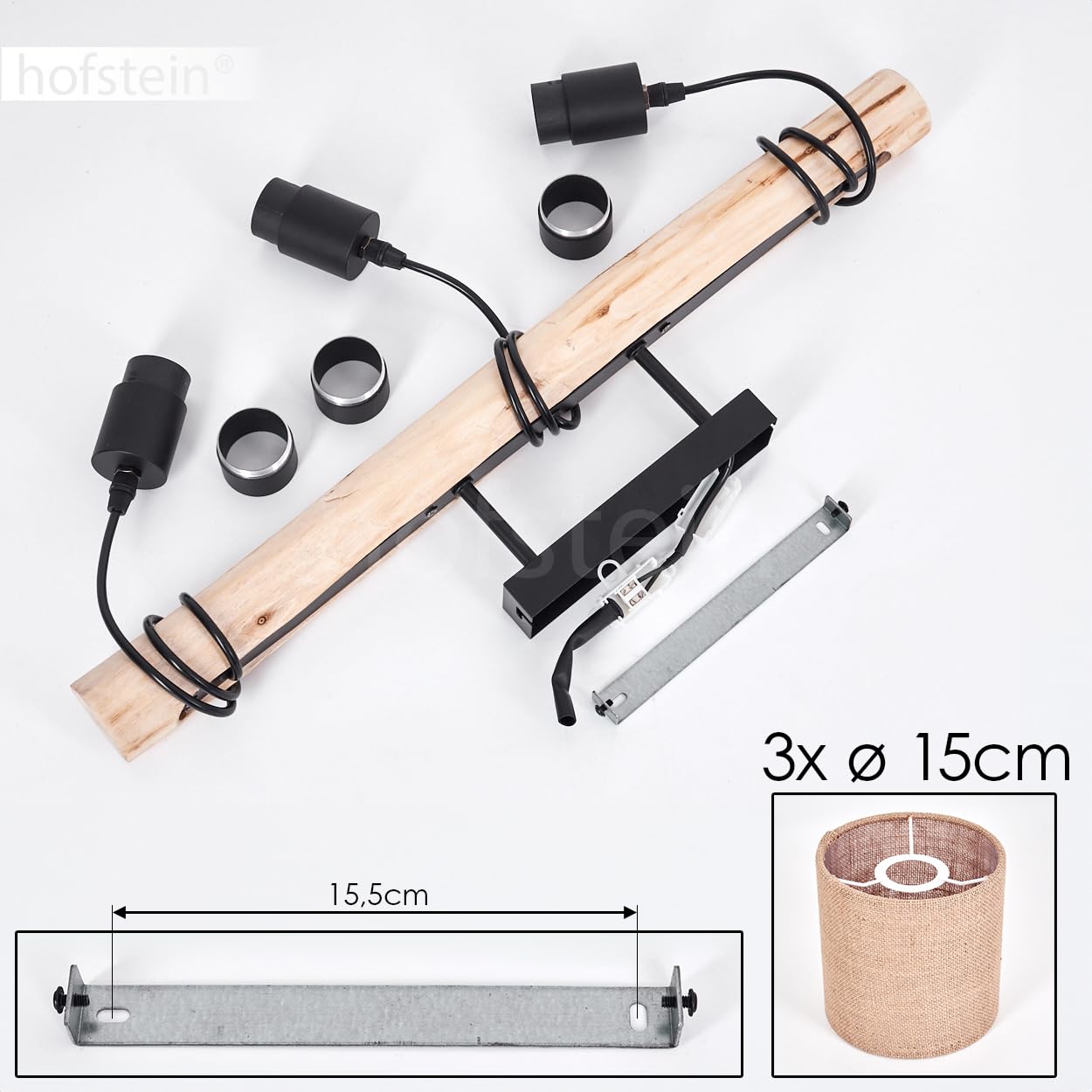 HOFSTEIN Lampada da soffitto Soungou moderna lampada da soffitto in legno/metallo/lino naturale/nero/beige, plafoniera a 3 luci, design scandinavo, 3 lampadine E27, altezza max. 82 cm, senza lampadina