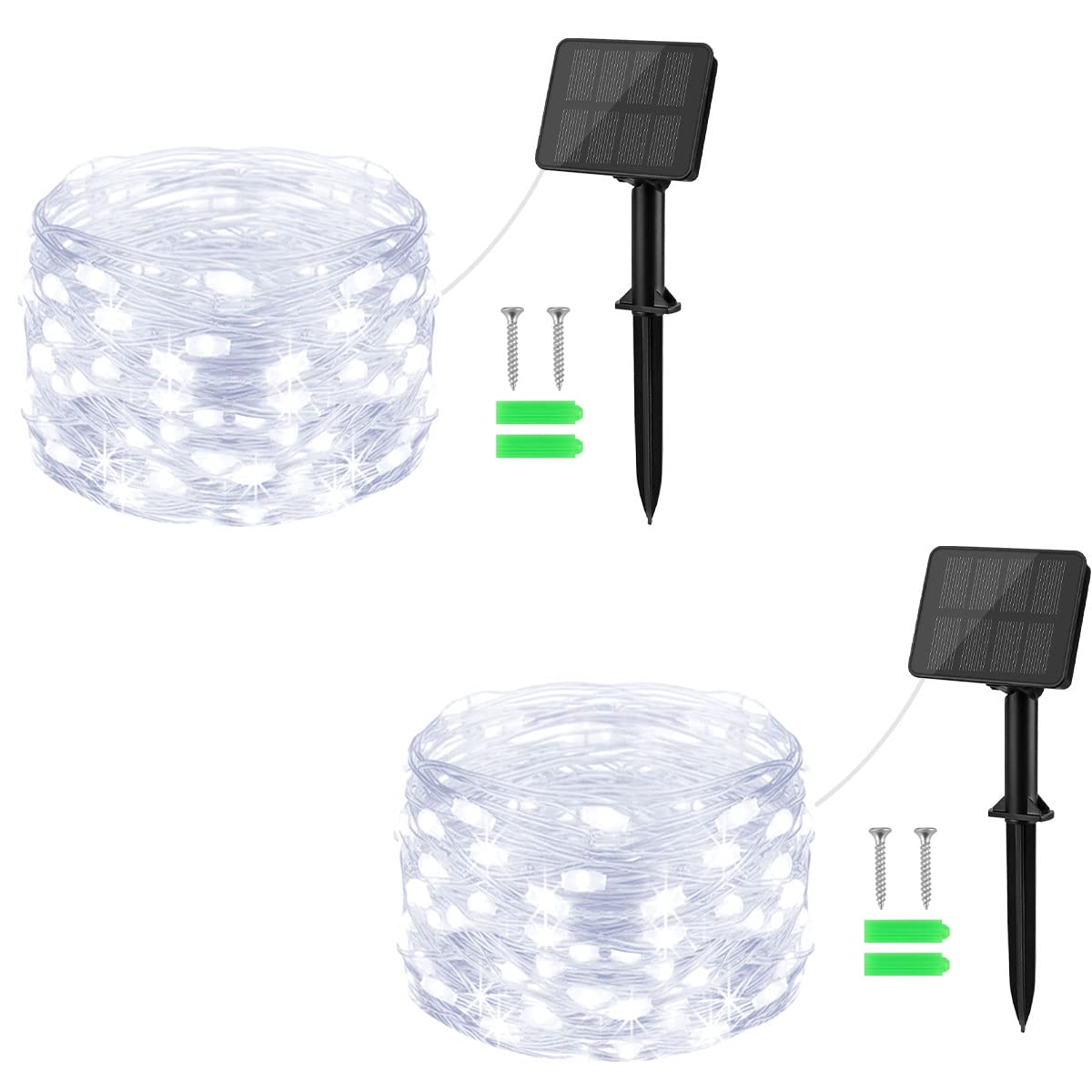 Gcstnn,Guirnalda de luces solares para exteriores, 2 unidades, 5 m, 50 LED, alambre de cobre, para exteriores, 8 modos IP65, resistente al agua, decoración para jardín, patio, Navidad (blanco frío)
